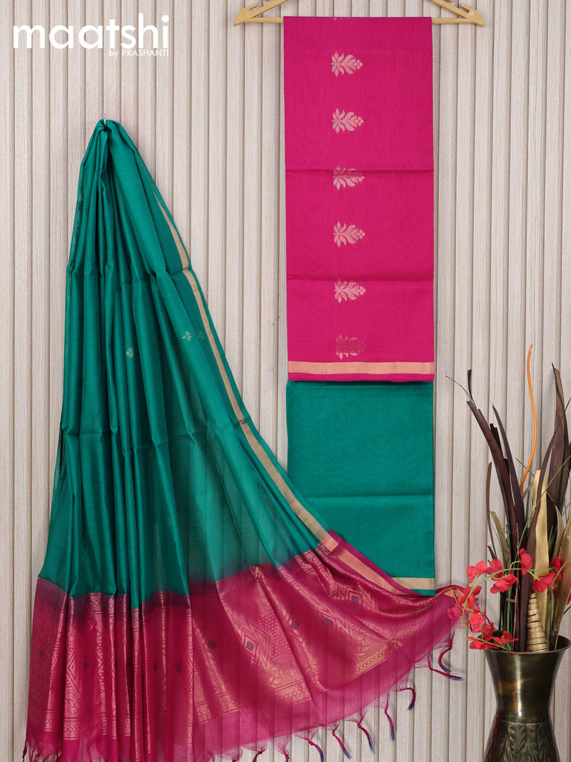 Silk cotton dress material pink and teal blue with zari woven buttas and bottom & zari dupatta