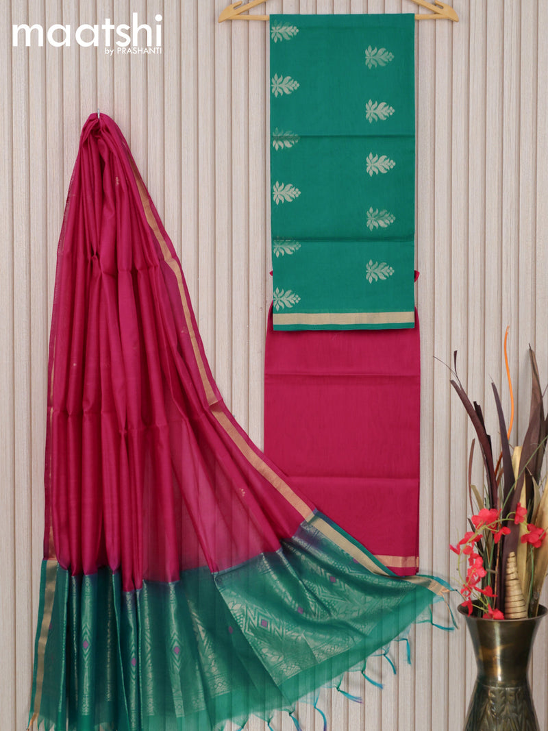 Silk cotton dress material teal blue and pink with zari woven buttas and bottom & zari dupatta