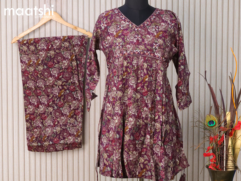 Modal readymade alia cut kurti set deep wine shade and with allover floral prints & mirror work neck pattern and palazzo pant