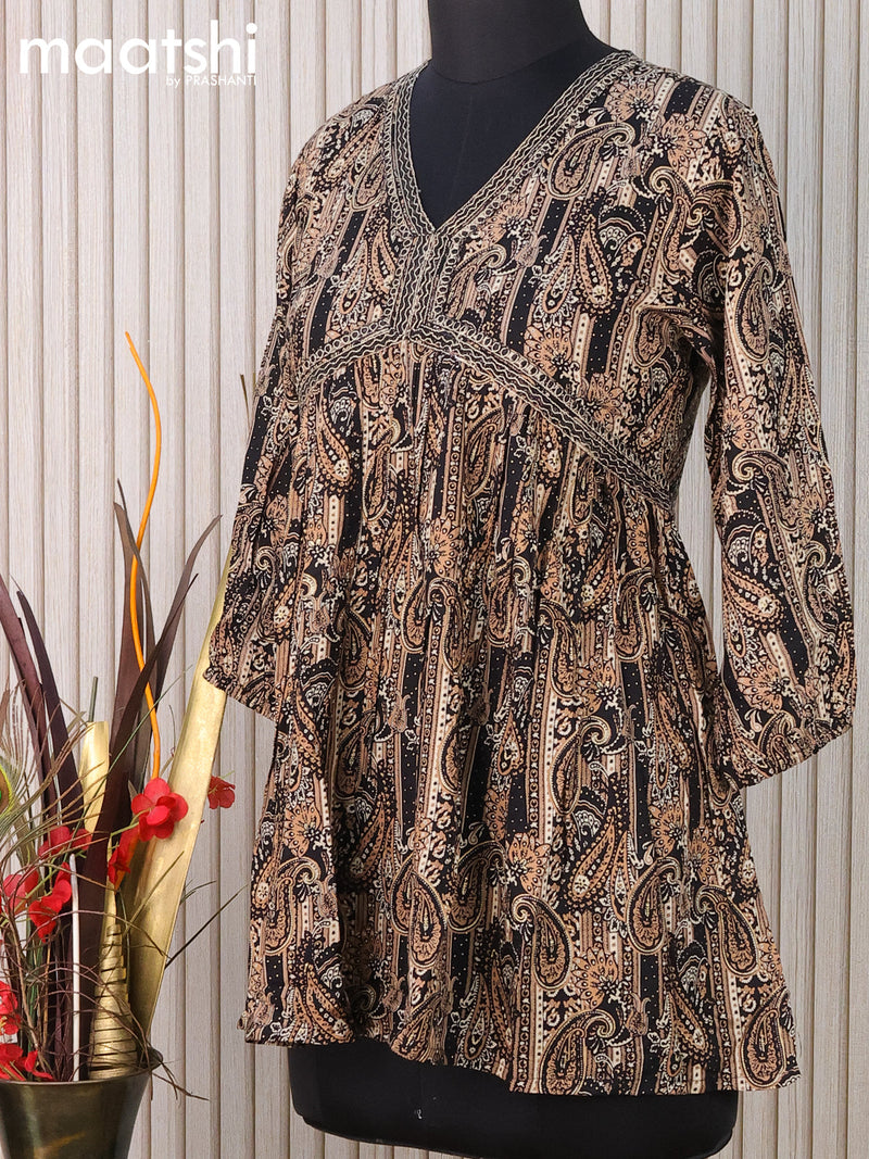 Rayon readymade alia cut kurti set black and with allover prints & embriodery work neck pattern and sharara pant