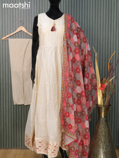 Raw silk readymade anarkali salwar suit cream  with allover sequin work & embroidery neck pattern and straight cut pant & printed dupatta