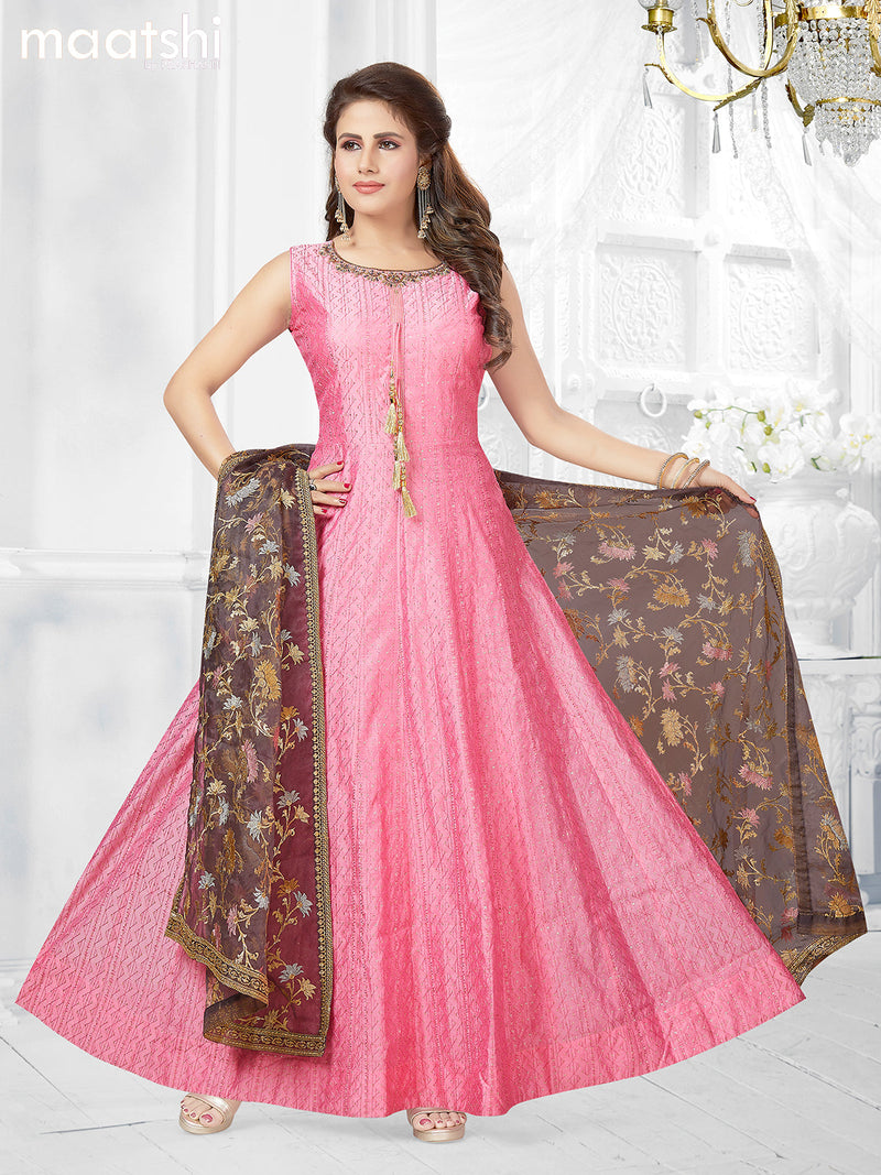 Raw silk readymade anarkali salwar suit light pink  with allover sequin work & embroidery neck pattern and straight cut pant & embroidery dupatta