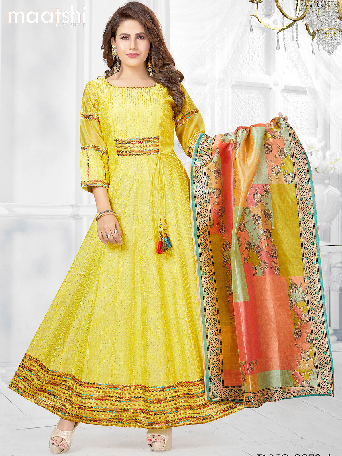 Raw silk readymade anarkali salwar suit yellow  with allover sequin work & embroidery neck pattern and straight cut pant & printed dupatta