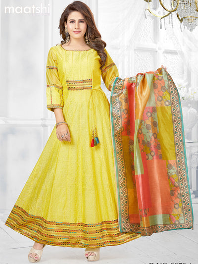 Raw silk readymade anarkali salwar suit yellow  with allover sequin work & embroidery neck pattern and straight cut pant & printed dupatta