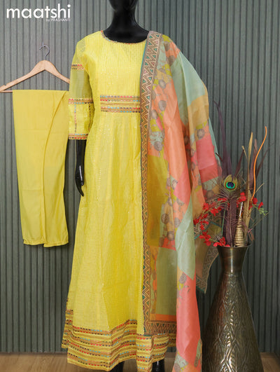 Raw silk readymade anarkali salwar suit yellow  with allover sequin work & embroidery neck pattern and straight cut pant & printed dupatta