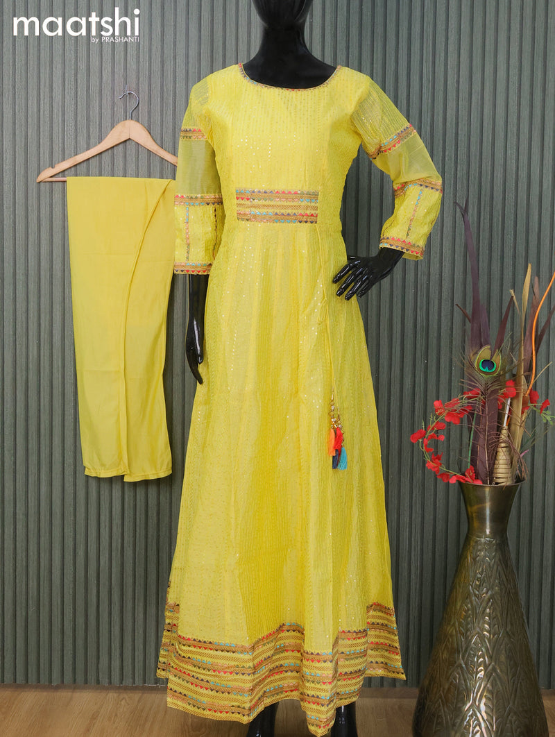 Raw silk readymade anarkali salwar suit yellow  with allover sequin work & embroidery neck pattern and straight cut pant & printed dupatta