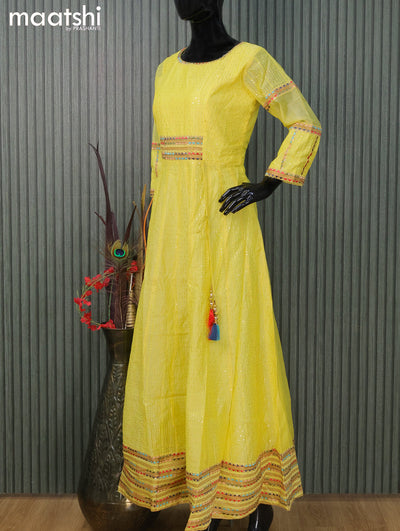 Raw silk readymade anarkali salwar suit yellow  with allover sequin work & embroidery neck pattern and straight cut pant & printed dupatta