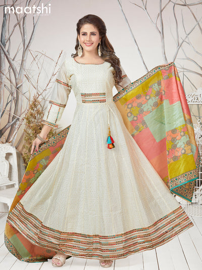 Raw silk readymade anarkali salwar suit off white  with allover sequin work & embroidery neck pattern and straight cut pant & printed dupatta
