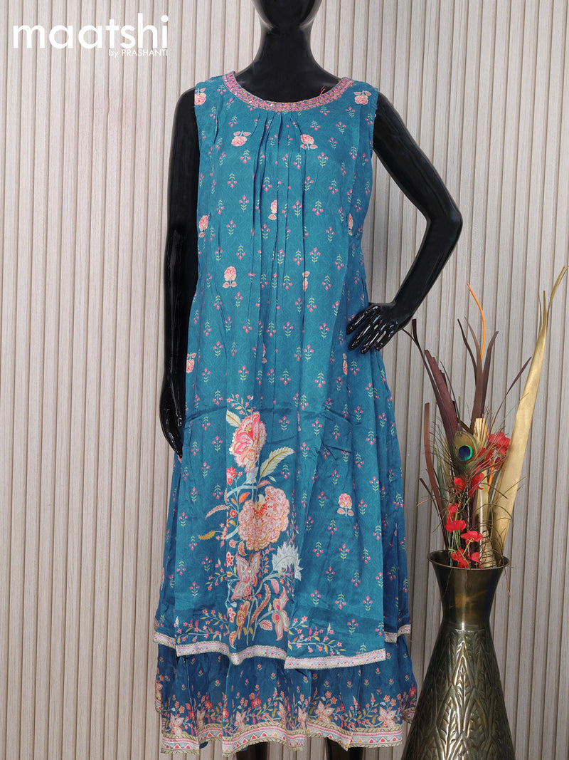 Muslin readymade kurti blue shade  with allover floral prints & embroidery neck pattern and without pant & sleeve attached