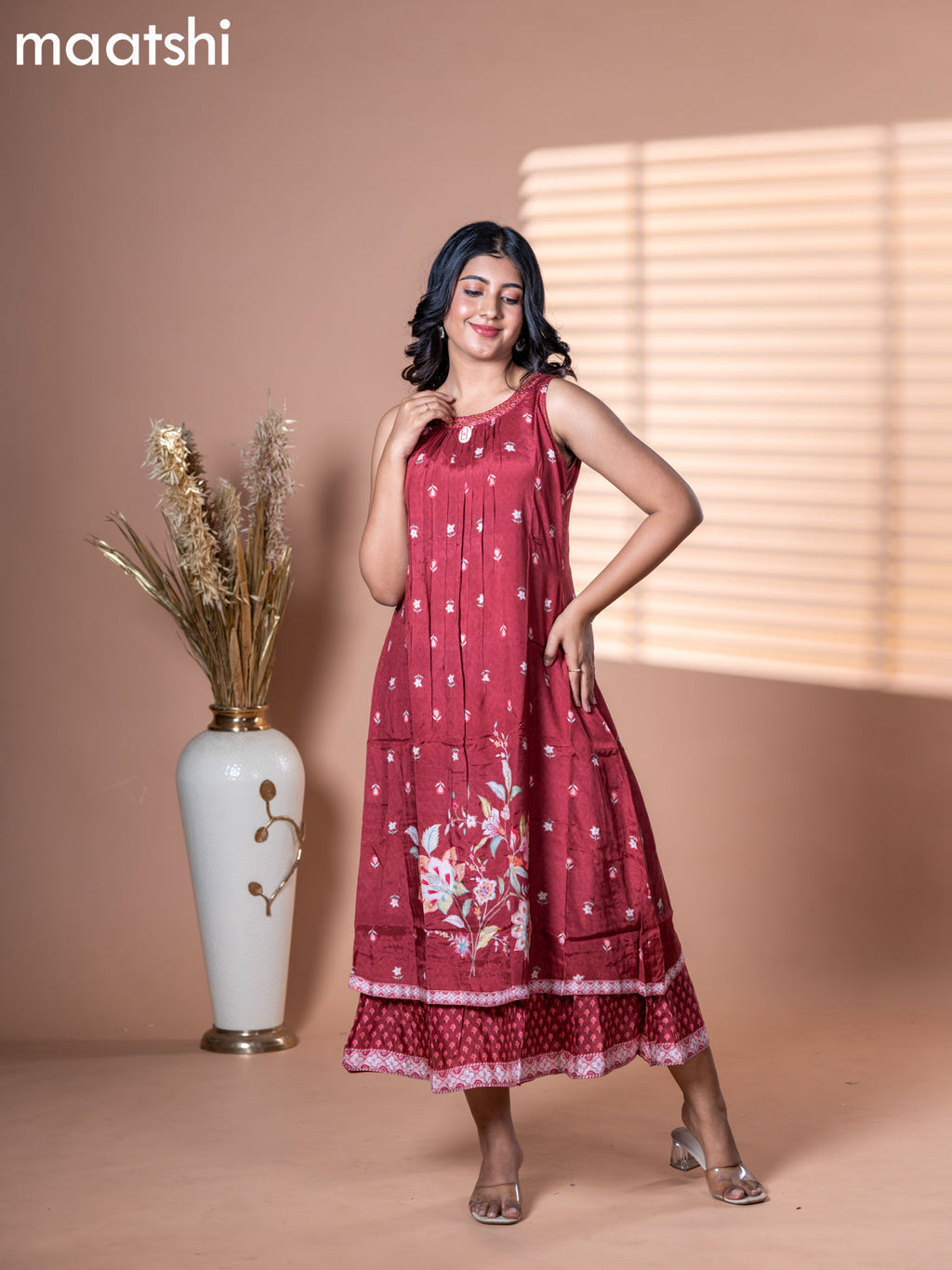 Cotton dress maroon with allover floral prints & embroidery neck pattern and without pant & sleeve attached