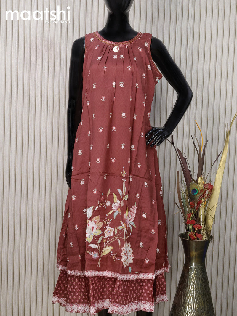 Cotton readymade kurti maroon  with allover floral prints & embroidery neck pattern and without pant & sleeve attached