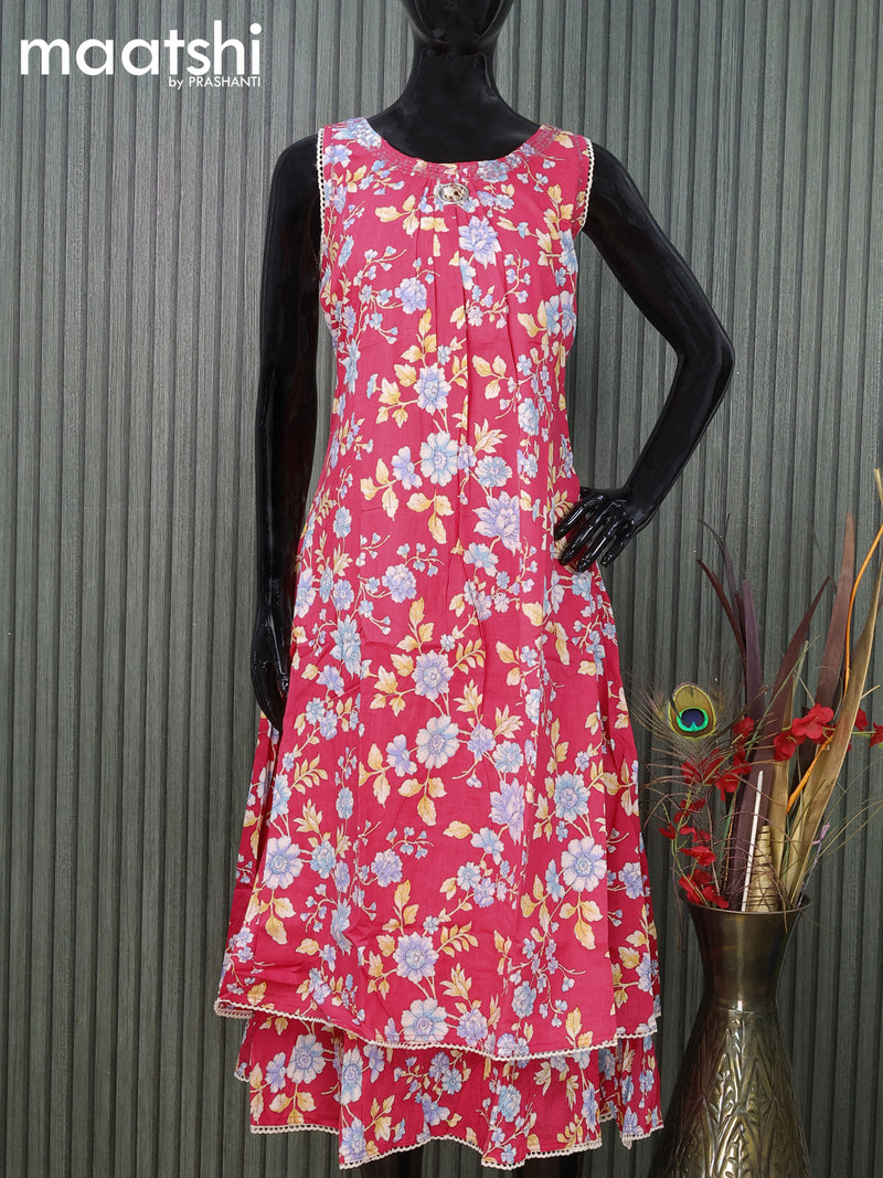 Muslin readymade kurti pink  with allover floral prints & sequin work neck pattern and without pant & sleeve attached