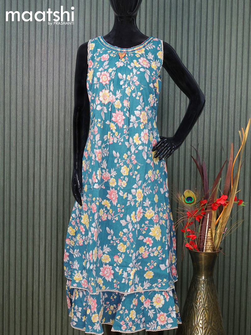 Cotton readymade kurti blue shade  with allover floral prints & embroidery neck pattern and without pant & sleeve attached