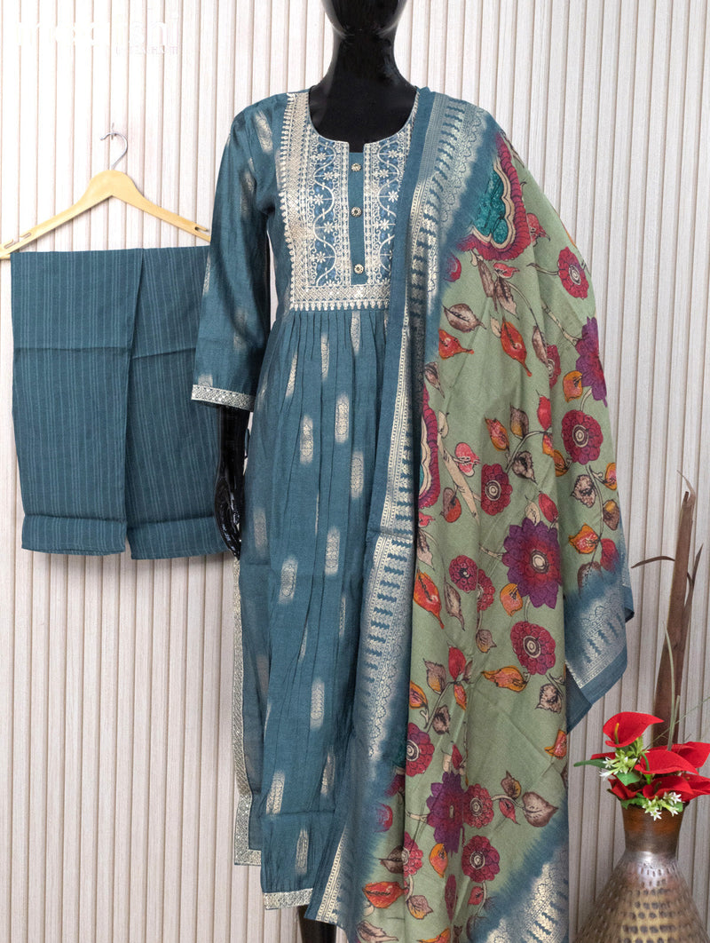 Modal readymade naira cut salwar suits bluish grey  with allover prints & sequin work neck pattern and staraight cut pant & kalamkari printed dupatta