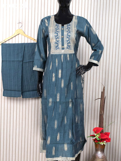 Modal readymade naira cut salwar suits bluish grey  with allover prints & sequin work neck pattern and staraight cut pant & kalamkari printed dupatta
