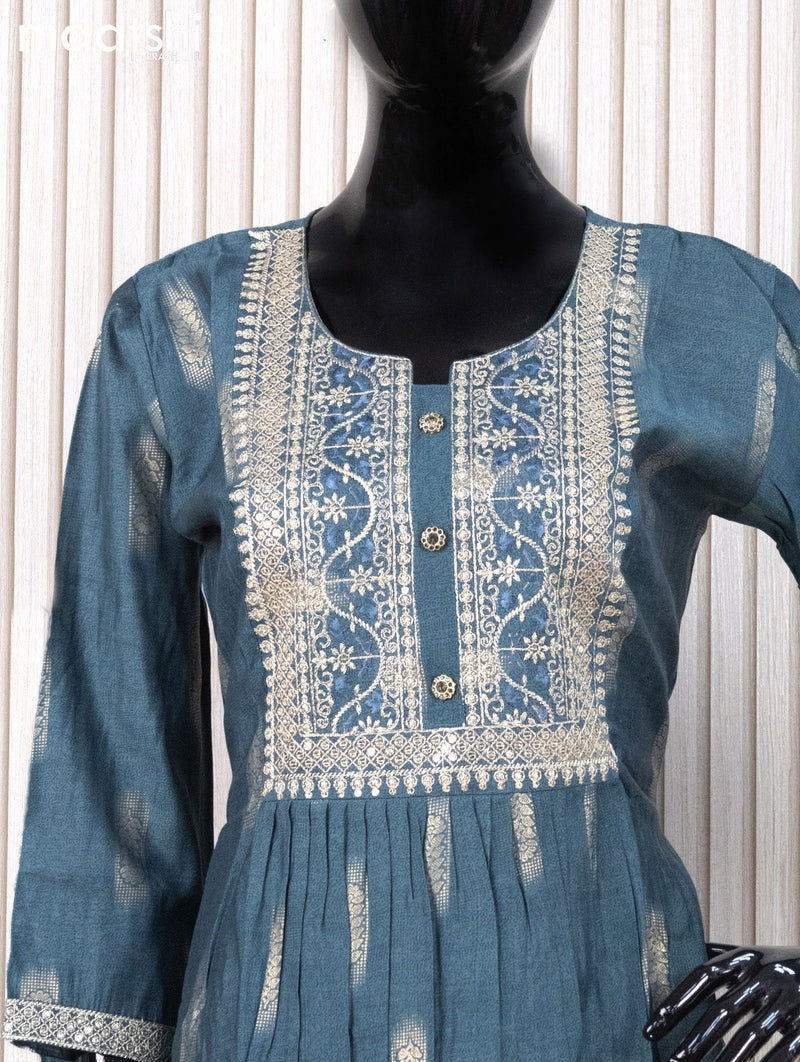 Modal readymade naira cut salwar suits bluish grey  with allover prints & sequin work neck pattern and staraight cut pant & kalamkari printed dupatta