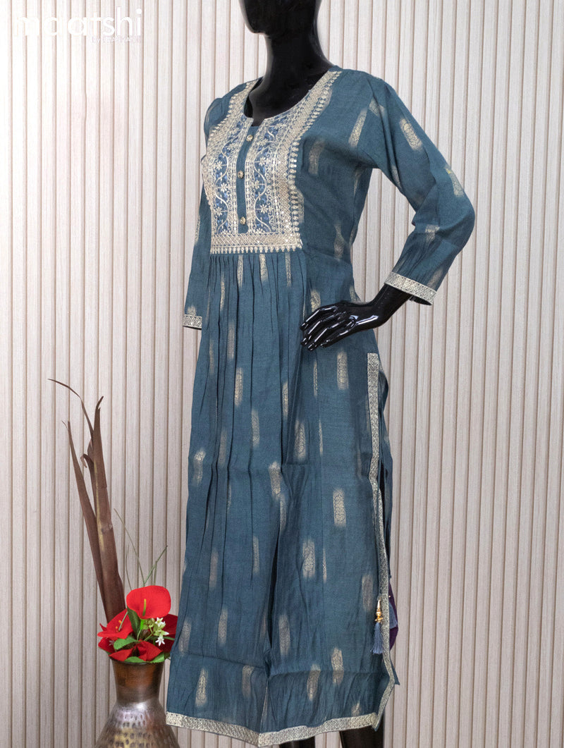 Modal readymade naira cut salwar suits bluish grey  with allover prints & sequin work neck pattern and staraight cut pant & kalamkari printed dupatta