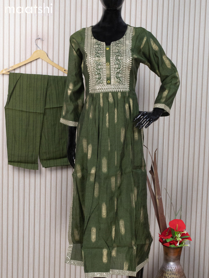 Modal readymade naira cut salwar suits green shade  with allover prints & sequin work neck pattern and staraight cut pant & kalamkari printed dupatta