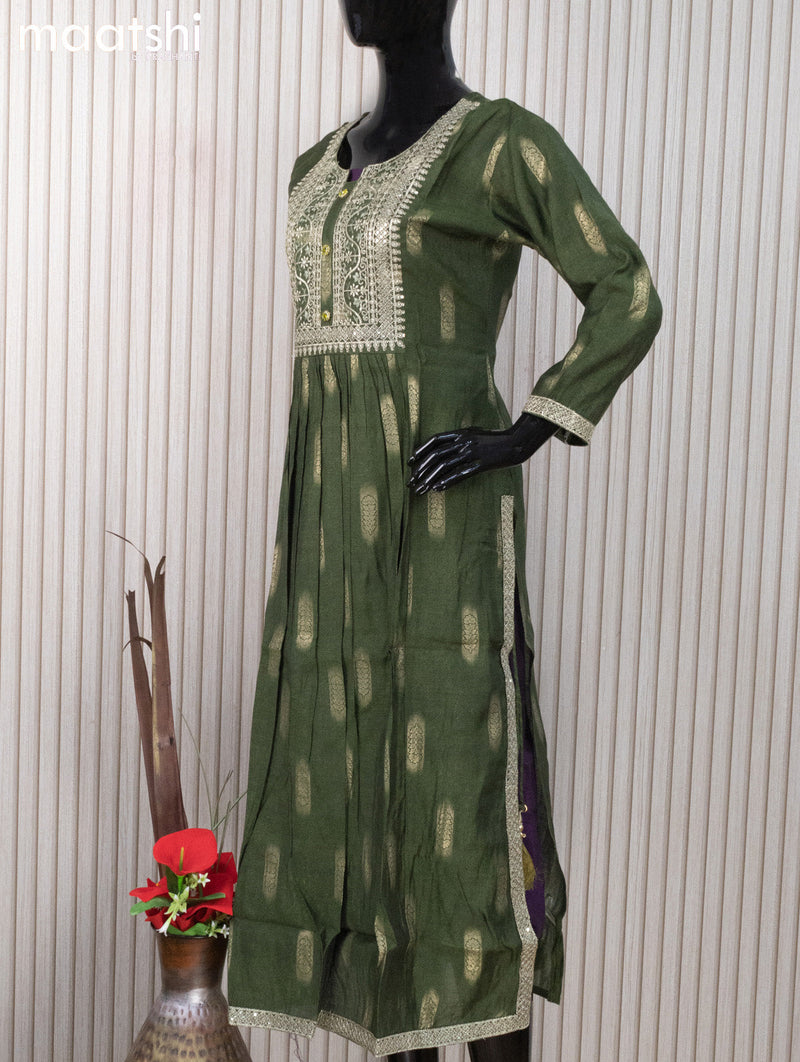 Modal readymade naira cut salwar suits green shade  with allover prints & sequin work neck pattern and staraight cut pant & kalamkari printed dupatta