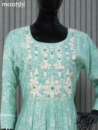 Modal readymade naira cut salwar suits teal green shade teal blue with allover prints & embroidery work neck pattern and staraight cut pant & sequin work dupatta