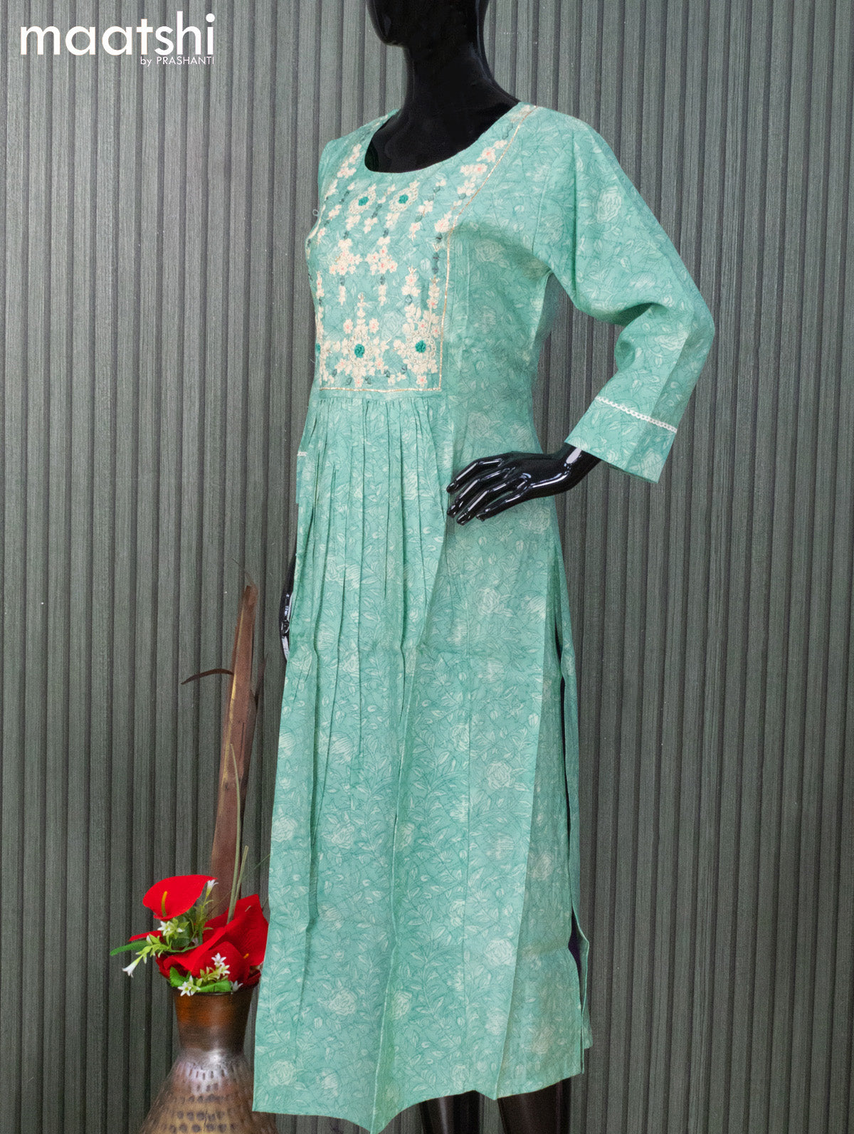 Modal readymade naira cut salwar suits teal green shade teal blue with allover prints & embroidery work neck pattern and staraight cut pant & sequin work dupatta