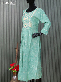 Modal readymade naira cut salwar suits teal green shade teal blue with allover prints & embroidery work neck pattern and staraight cut pant & sequin work dupatta