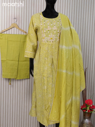 Modal readymade naira cut salwar suits lime green  with allover prints & embroidery work neck pattern and staraight cut pant & sequin work dupatta