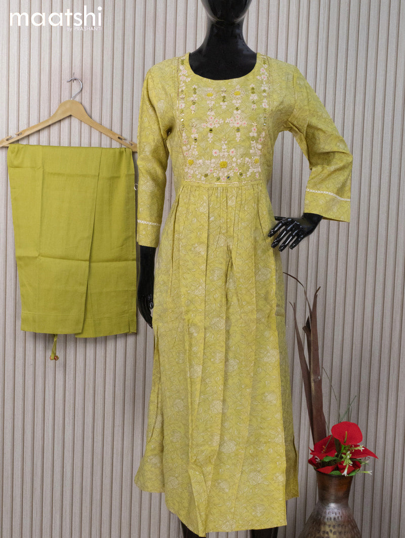 Modal readymade naira cut salwar suits lime green  with allover prints & embroidery work neck pattern and staraight cut pant & sequin work dupatta