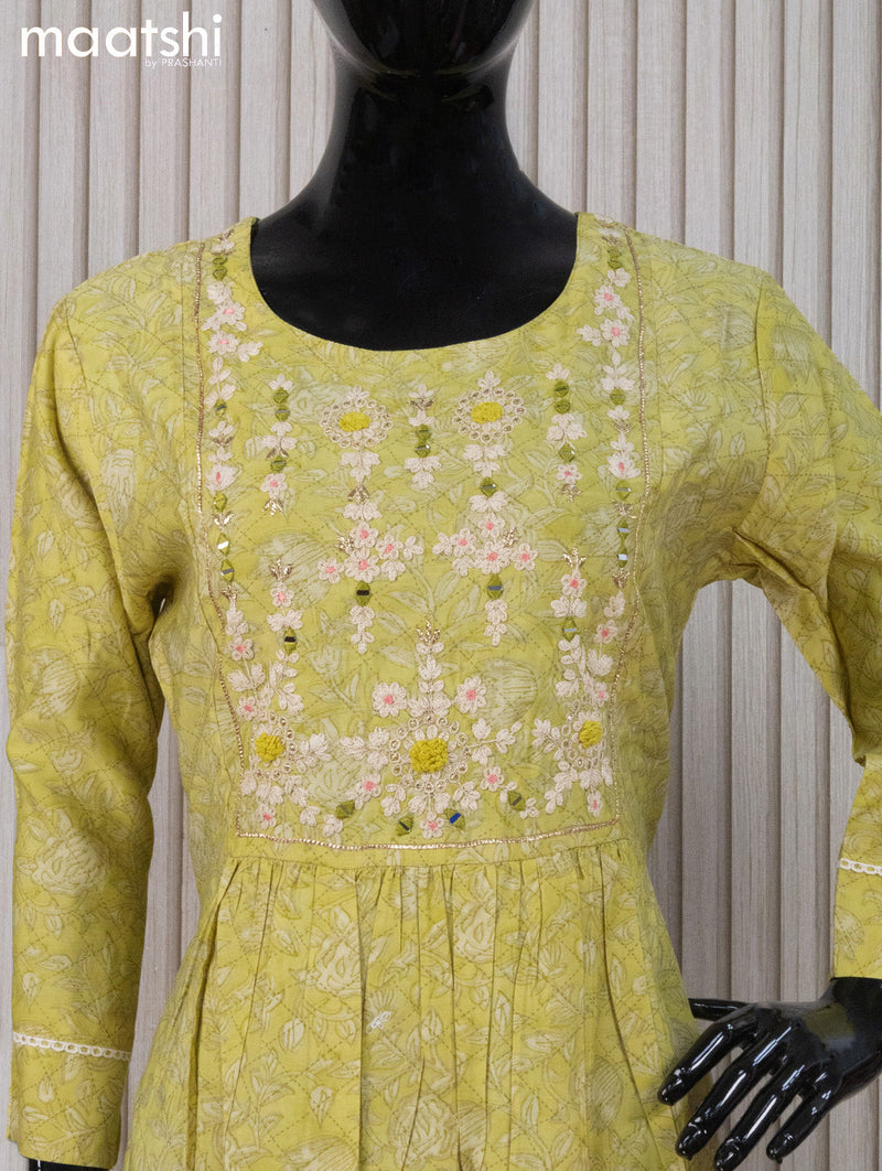 Modal readymade naira cut salwar suits lime green  with allover prints & embroidery work neck pattern and staraight cut pant & sequin work dupatta