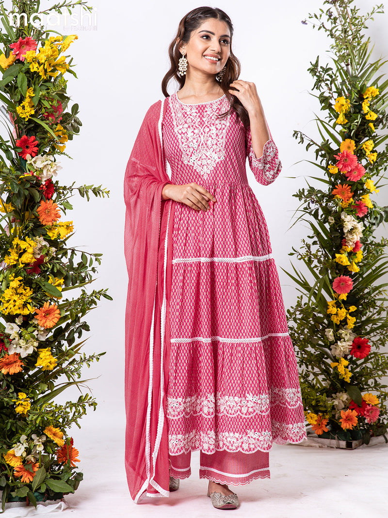 Cotton readymade anarkali salwar suits pink  with allover prints & mirror embroidery neck pattern and palazzo pant & chiffon dupatta