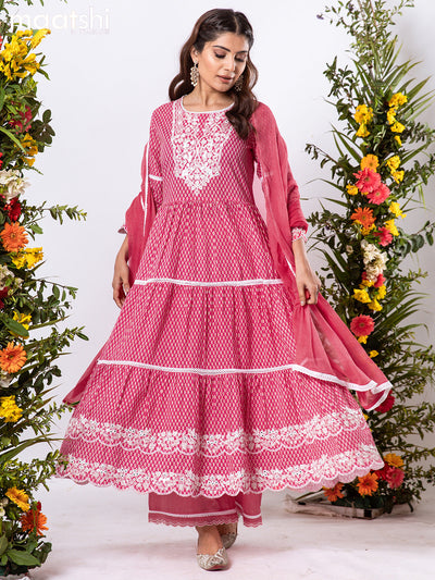 Cotton readymade anarkali salwar suits pink  with allover prints & mirror embroidery neck pattern and palazzo pant & chiffon dupatta