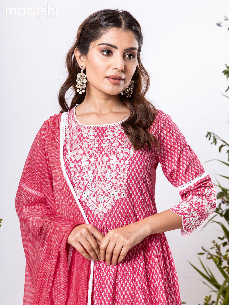 Cotton readymade anarkali salwar suits pink  with allover prints & mirror embroidery neck pattern and palazzo pant & chiffon dupatta