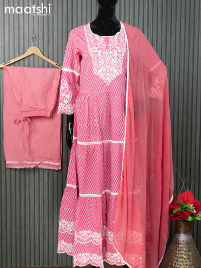 Cotton readymade anarkali salwar suits pink  with allover prints & mirror embroidery neck pattern and palazzo pant & chiffon dupatta