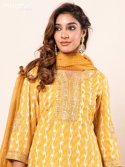 Cotton readymade anarkali salwar suits mustard yellow  with allover prints embroidery work & potli bag and sharara pant & kota printed dupatta