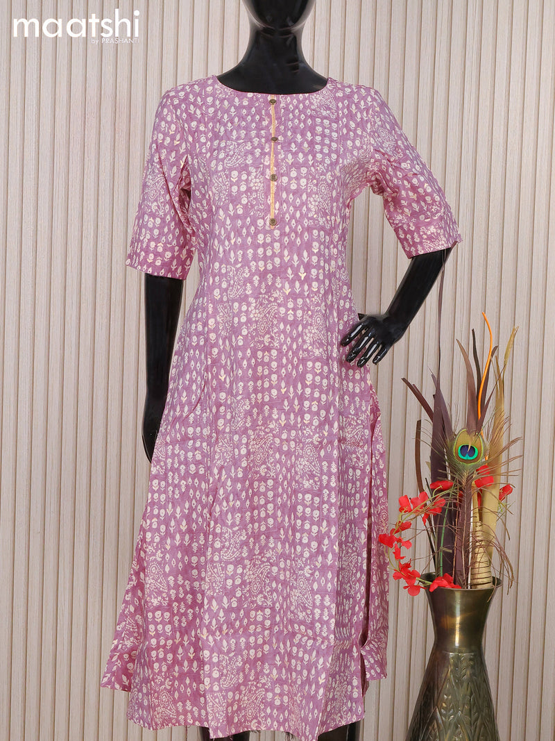Muslin readymade A-line kurti mauve pink and with allover floral butta prints & simple neck pattern and without pant