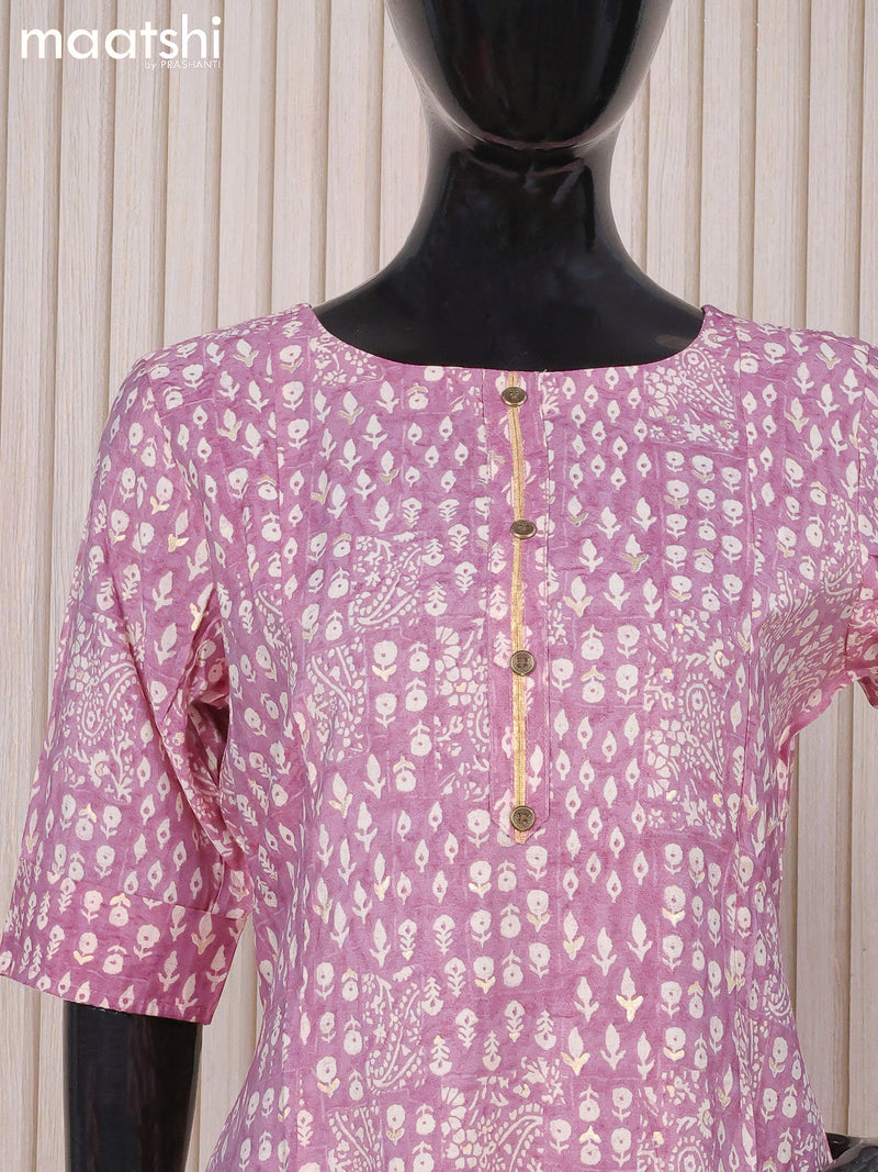 Muslin readymade A-line kurti mauve pink and with allover floral butta prints & simple neck pattern and without pant