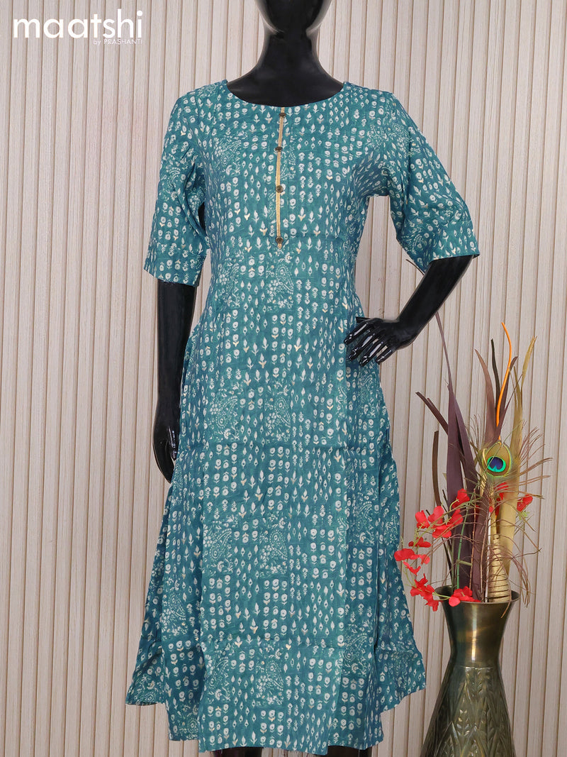 Muslin readymade A-line kurti blue shade and with allover floral butta prints & simple neck pattern and without pant