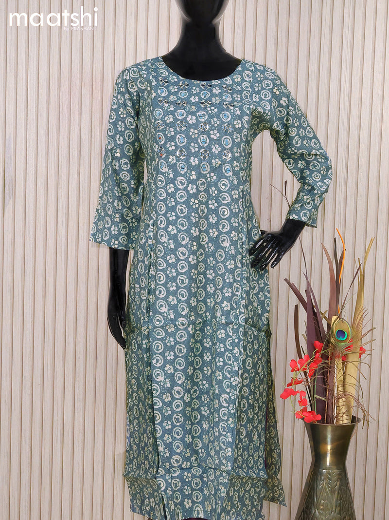 Muslin readymade kurti greyish blue shade and with allover batik prints & mirror work neck pattern and without pant