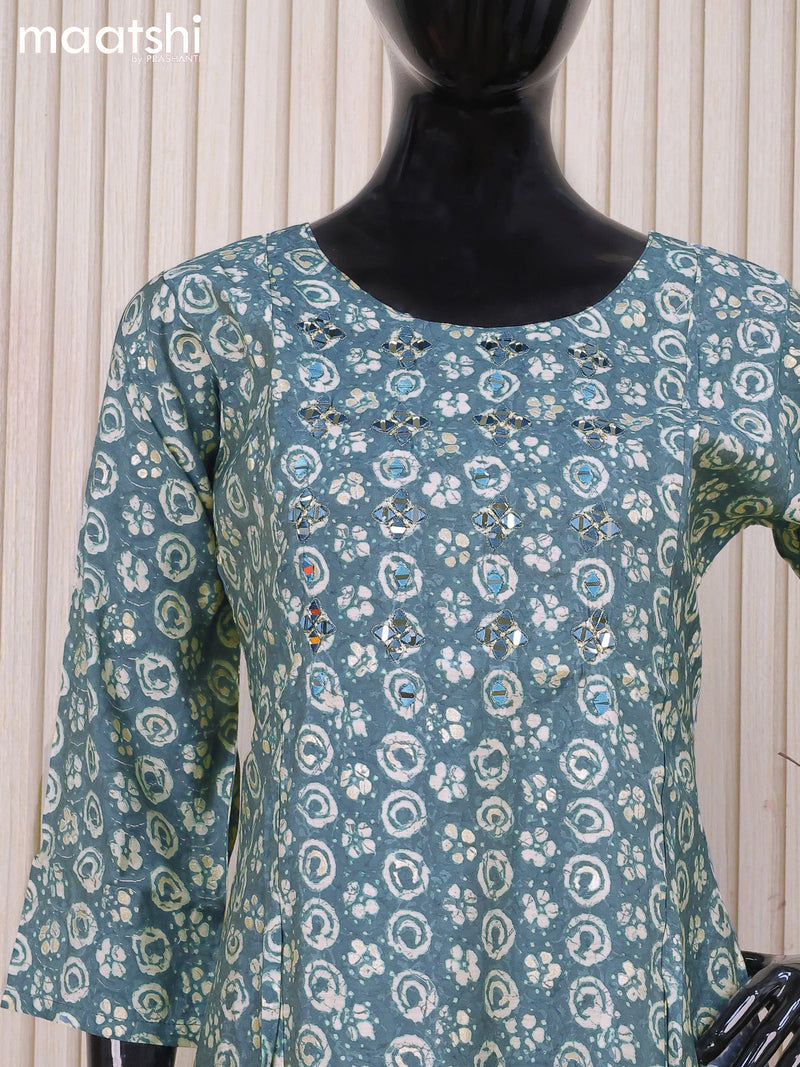 Muslin readymade kurti greyish blue shade and with allover batik prints & mirror work neck pattern and without pant