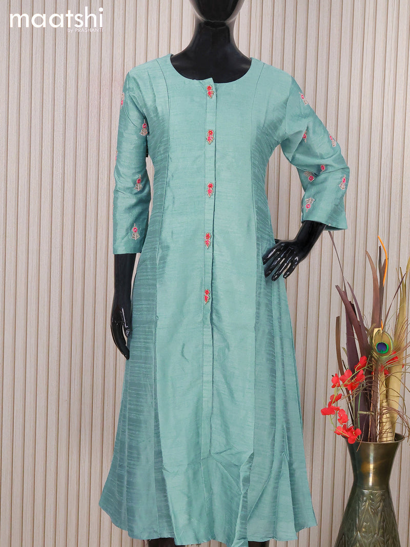 Raw silk readymade A-line kurti blue shade and with embroidery work buttas and without pant