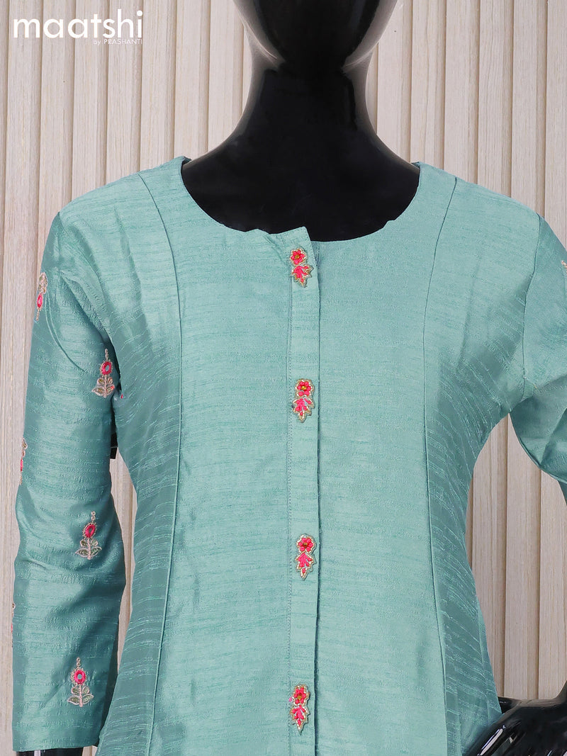 Raw silk readymade A-line kurti blue shade and with embroidery work buttas and without pant