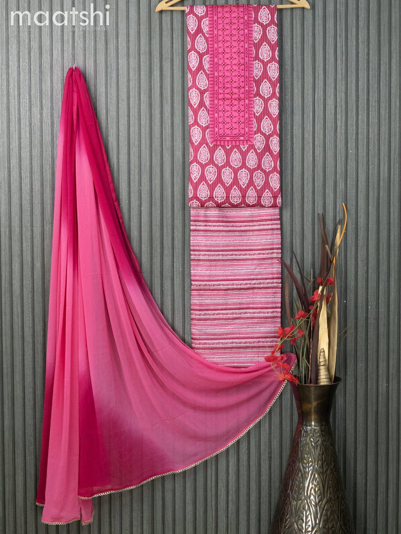 Cotton dress material dark pink  with allover butta prints & embroidery work neck pattern and bottom & chiffon dupatta