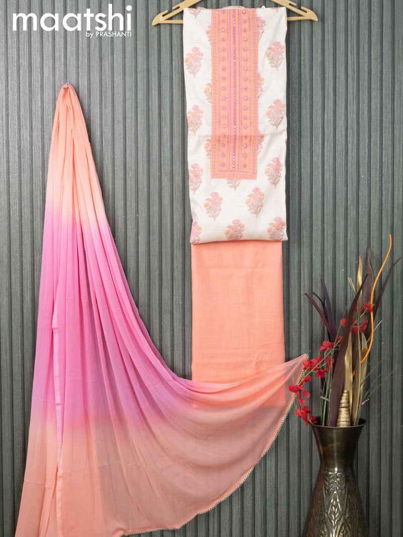 Cotton dress material cream and peach orange with floral prints & embroidery work neck pattern and bottom & chiffon dupatta
