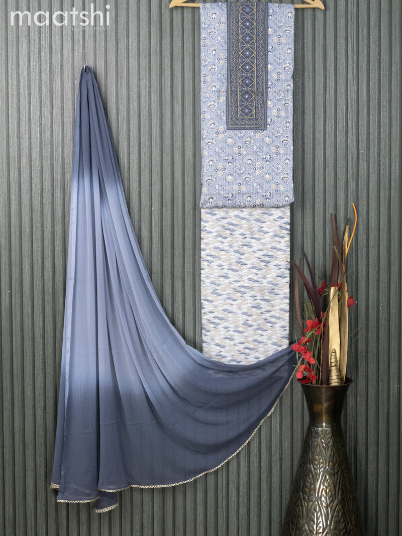 Cotton dress material grey and off white with allover prints & embroidery work neck pattern and bottom & chiffon dupatta