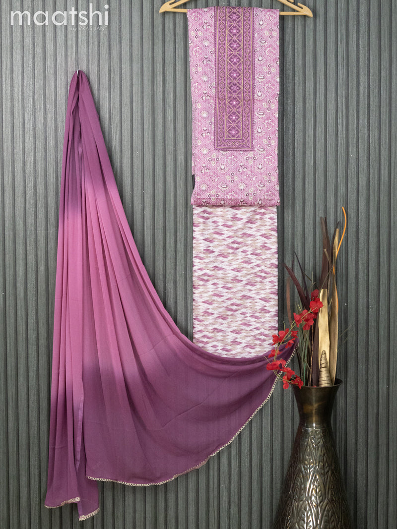 Cotton dress material mauve pink and off white with allover prints & embroidery work neck pattern and bottom & chiffon dupatta