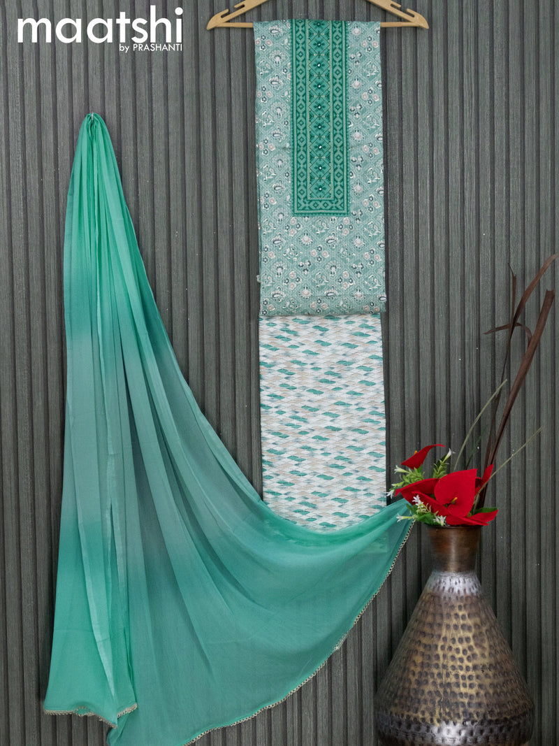 Cotton dress material teal blue shade and off white with allover prints & embroidery work neck pattern and bottom & chiffon dupatta