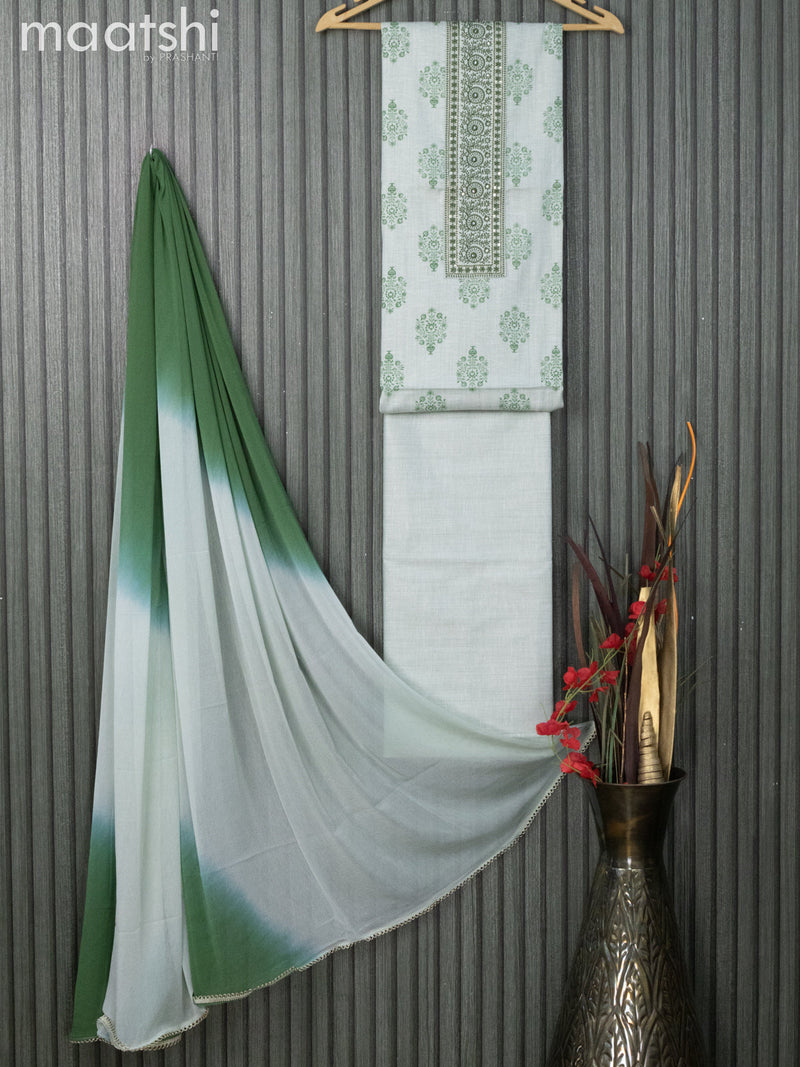 Cotton dress material pastel green  with butta prints & sequin work neck pattern and bottom & chiffon dupatta
