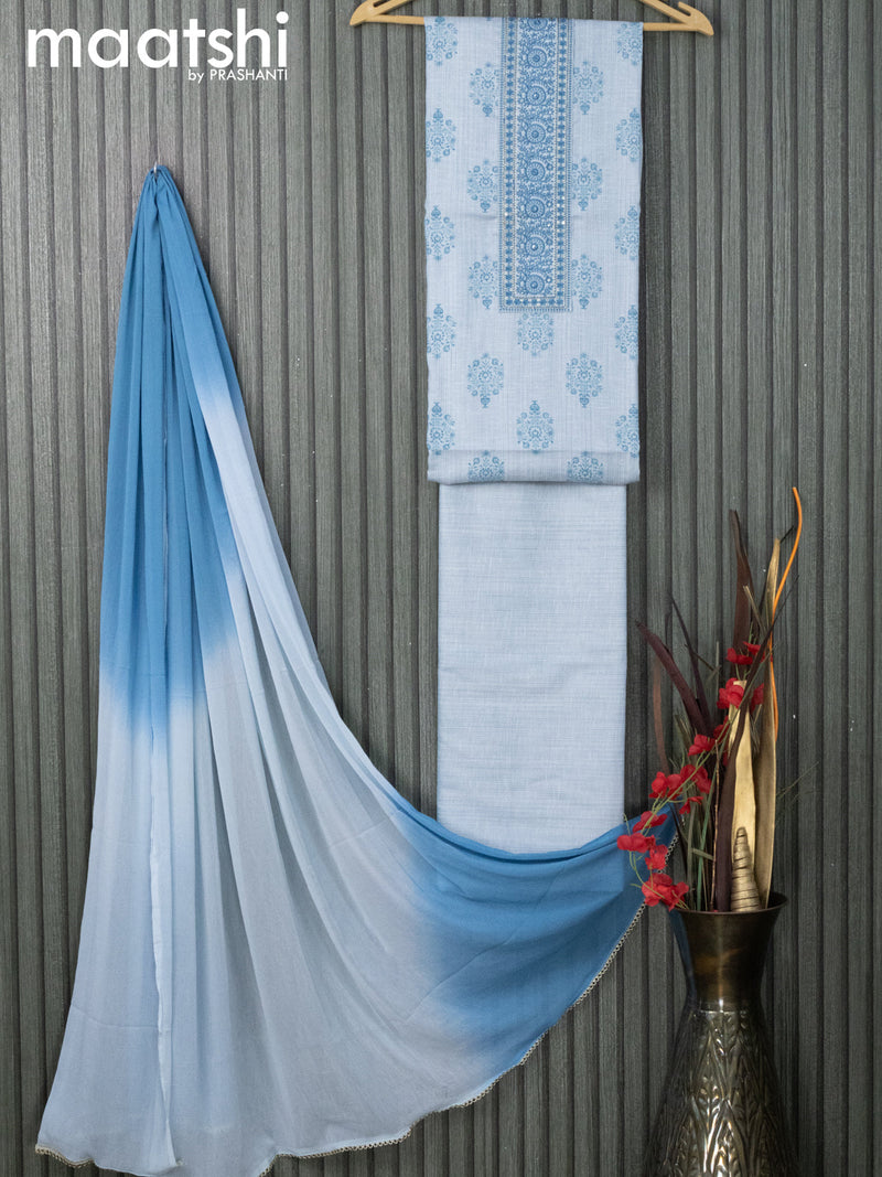 Cotton dress material pastel blue shade  with butta prints & sequin work neck pattern and bottom & chiffon dupatta
