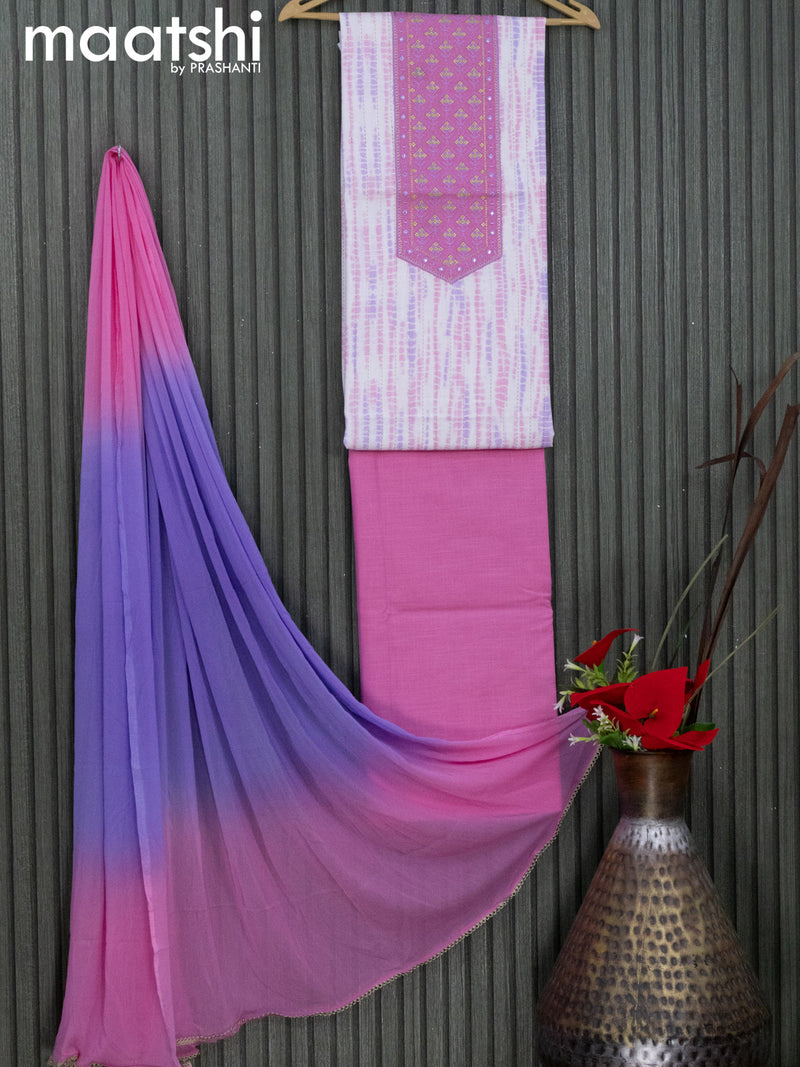 Cotton dress material off white and light pink with tie & dye prints & embroidery work neck pattern and bottom & chiffon dupatta