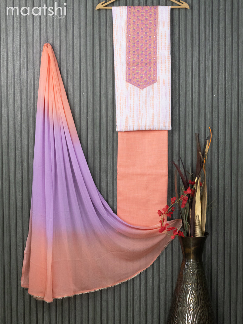 Cotton dress material off white and peach orange with tie & dye prints & embroidery work neck pattern and bottom & chiffon dupatta